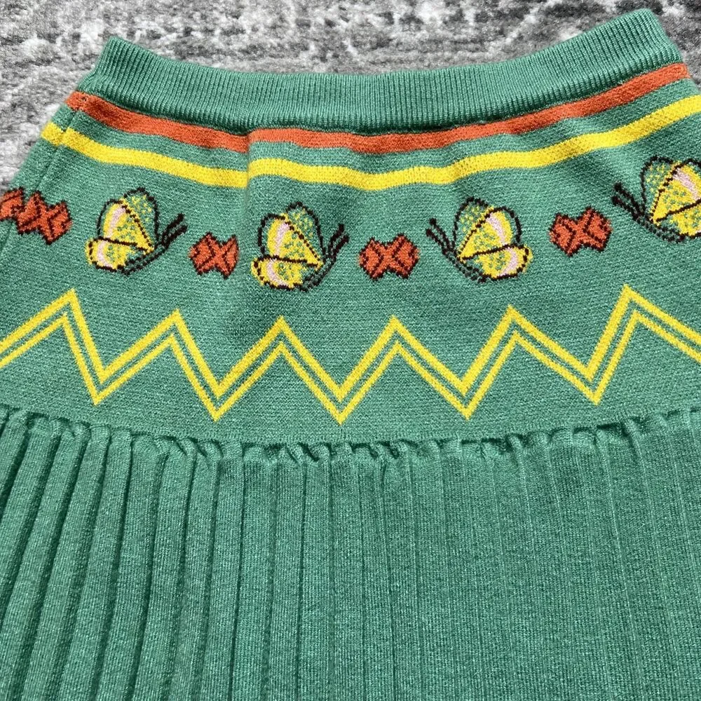 PP Town Butterfly Sweater Knit Pleated Skirt Girls Size 12 Green Yellow Tennis
